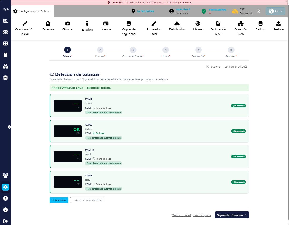 Wizard de configuración detectando cuatro balanzas automáticamente